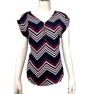 A'Gaci Sheer Chevron Print V Neck Blouse Large All Polyester Cap Sleeves